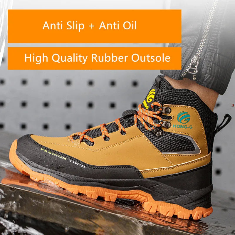 Brown and black high-top safety work boot with orange laces, thick rubber outsole, and steel toe.