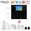 White 4G WiFi smart home alarm system with touchscreen control panel, motion sensor, siren, remotes, and RFID tags.
