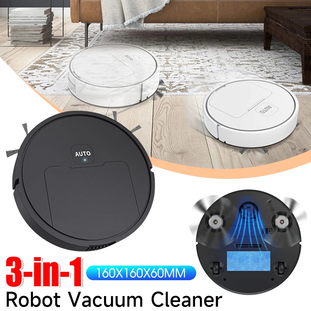 Black, white, and clear 3-in-1 robot vacuum cleaner with side brushes shown from multiple angles.