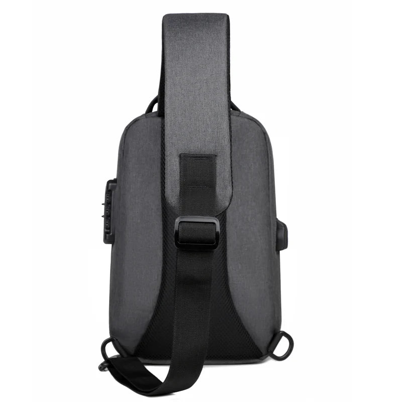Dark grey anti-theft crossbody bag with an adjustable strap, USB charging port, and side combination lock.