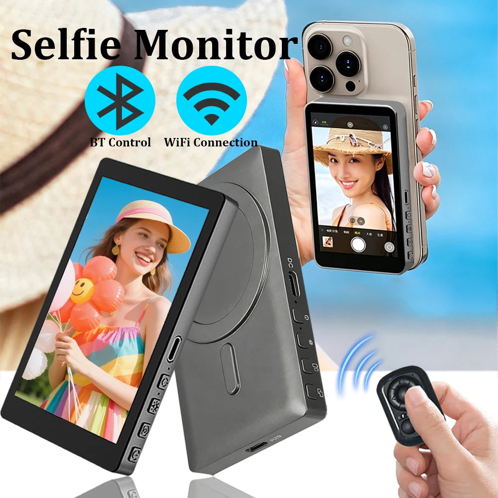Grey smartphone selfie monitor with screen mirroring, WiFi, Bluetooth control, and a handheld remote.