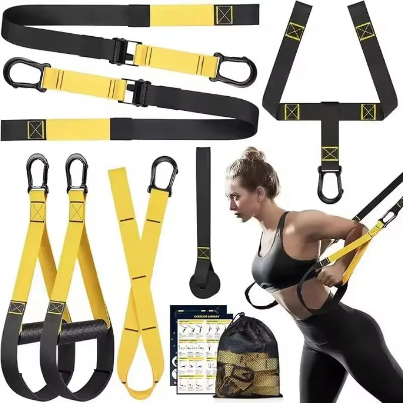 Black and yellow suspension training straps with handles, anchors, and a mesh carry bag.
