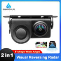 Black 2-in-1 car reversing camera and parking sensor unit with a wide-angle fisheye lens and mounting bracket.
