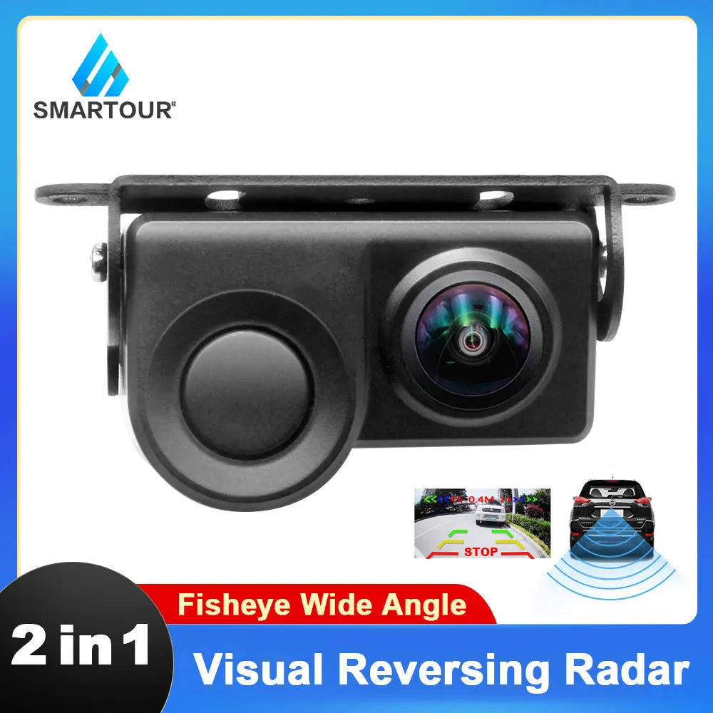 Black 2-in-1 car reversing camera and parking sensor unit with a wide-angle fisheye lens and mounting bracket.