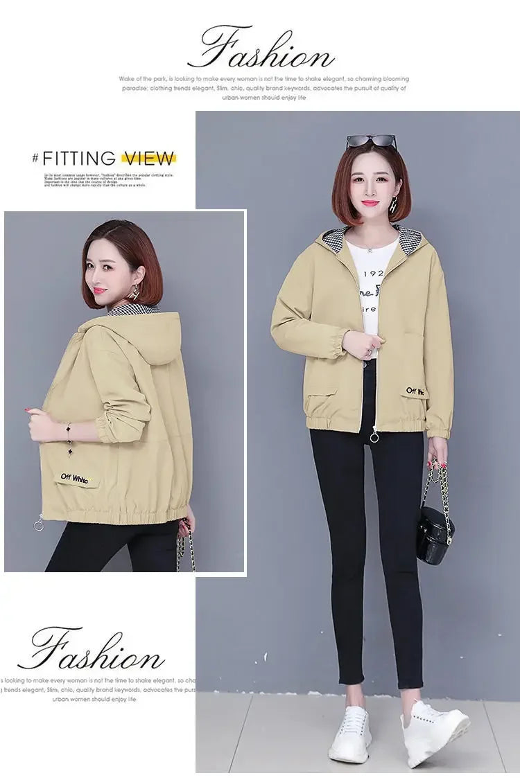 A beige, hooded zip-up casual jacket featuring a checkered inner lining, front pockets, and elasticated cuffs.