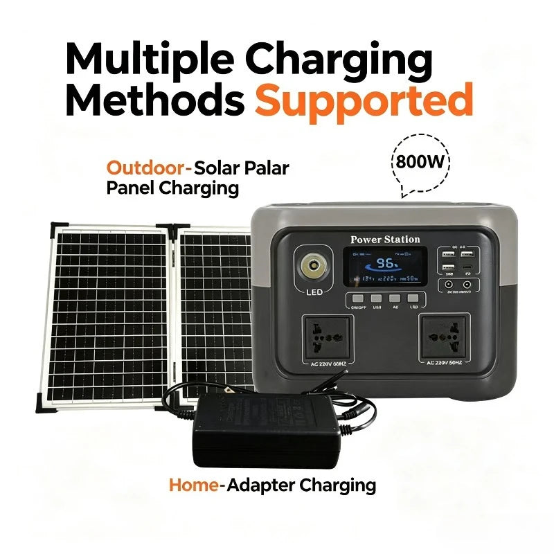 Portable power station with solar panel and home adapter, showing multiple charging methods.