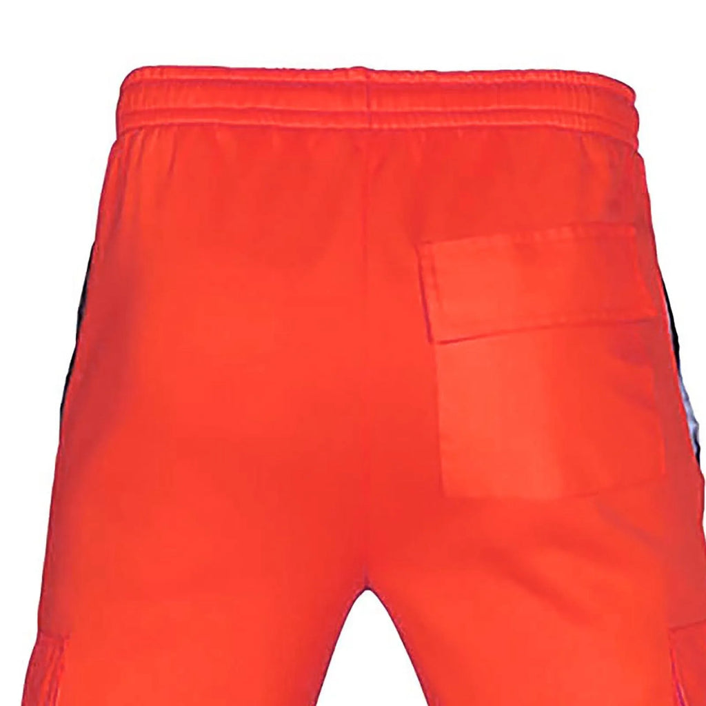 High-visibility orange men's work trousers with an elasticated waist, rear pocket, and side reflective stripes.