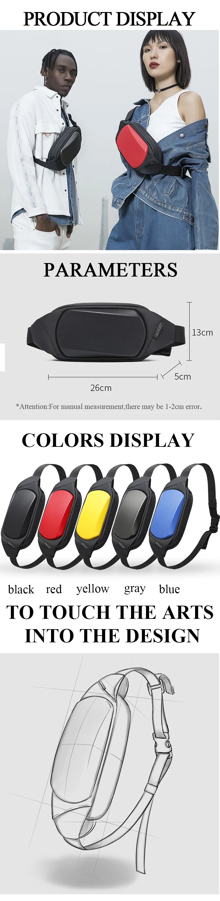 Waterproof, anti-theft chest bag with a sleek, hard-shell design. Available in black, red, yellow, grey, and blue.