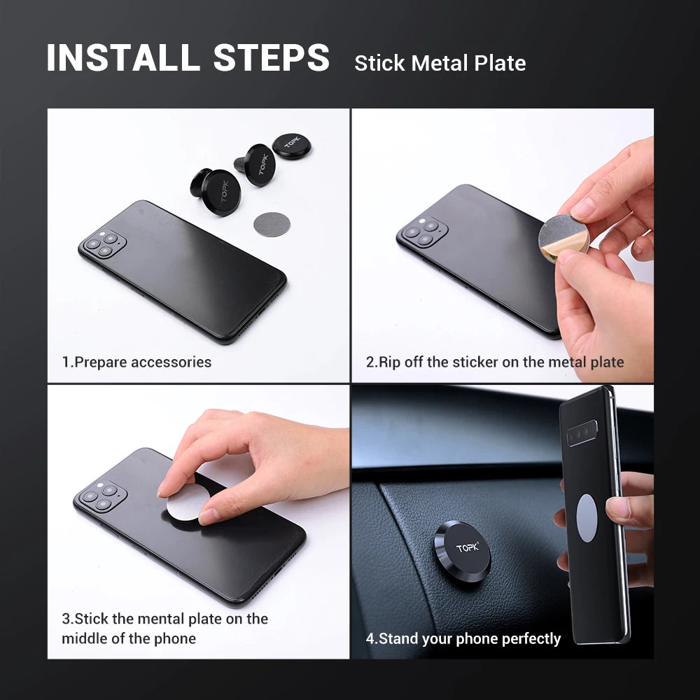 Four-step installation guide for a round, black magnetic car phone mount and adhesive metal plate for smartphones.