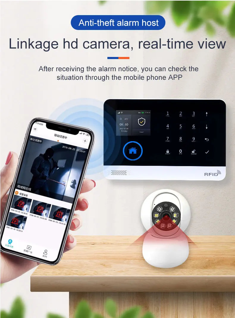 Smart home alarm system with wall-mounted keypad, security camera, and smartphone app showing a live camera feed.