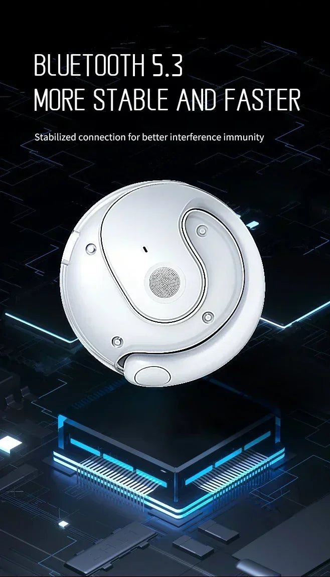 White, yin-yang shaped Bluetooth 5.3 receiver floating above a blue glowing digital circuit board background.