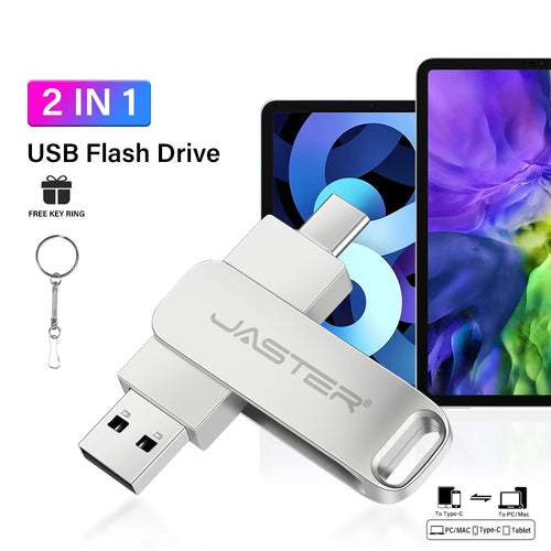 Silver 2-in-1 metal flash drive featuring dual USB-C and USB-A connectors with an included keyring.