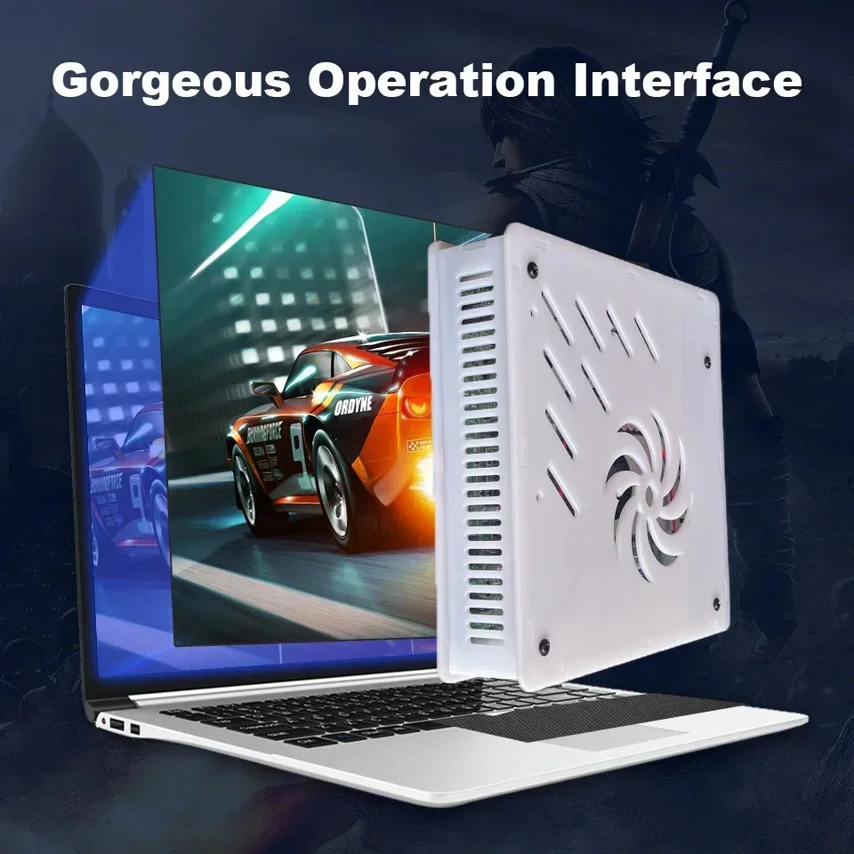 White X8 retro game console showing a racing game interface on a laptop screen.