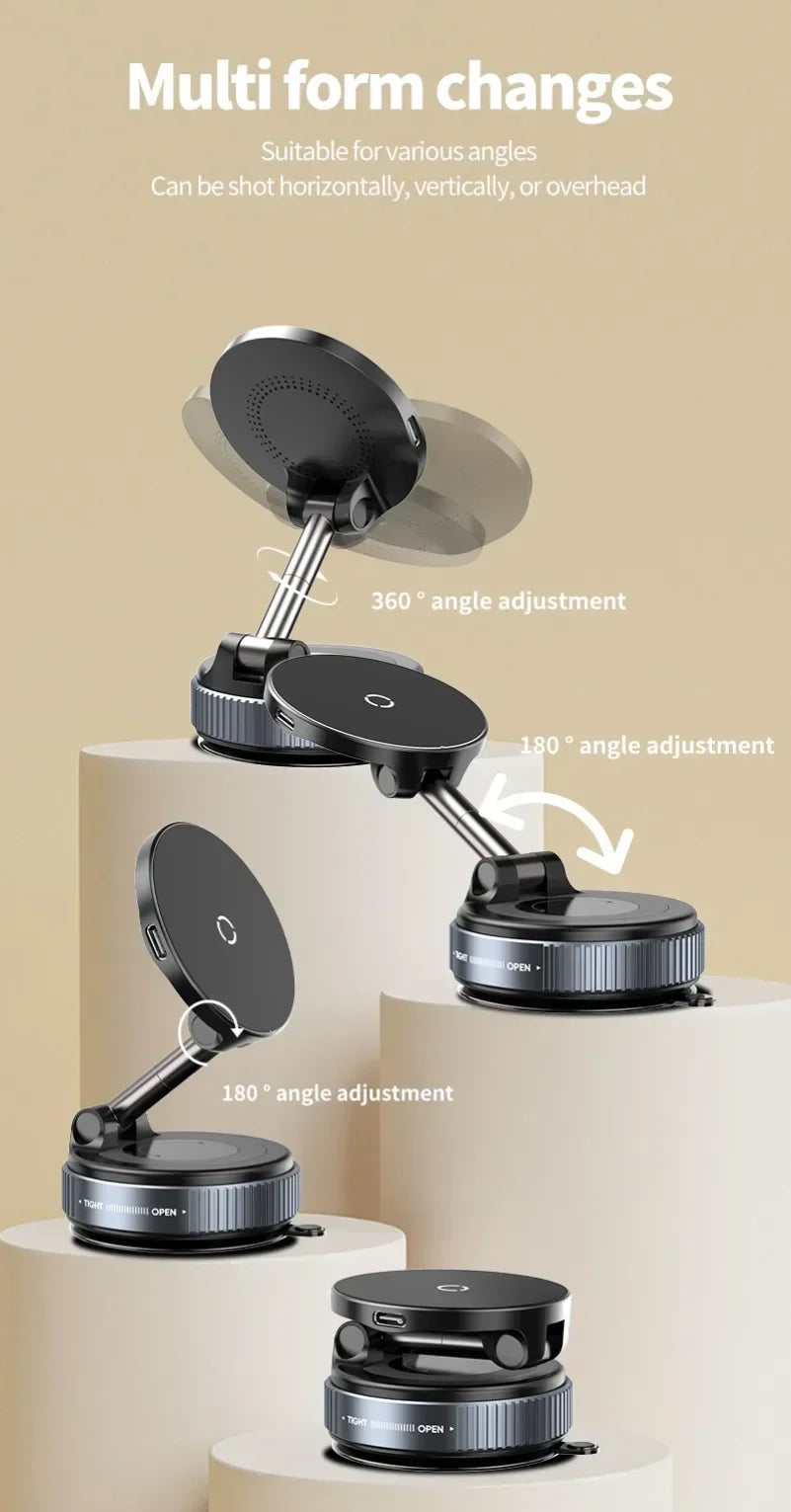 Black, multi-jointed foldable phone stand with a circular magnetic base and metallic accents, shown in various angles.