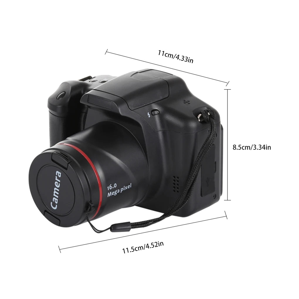 Black plastic 16.0 megapixel digital camera with lens cap, wrist strap, and labeled dimensions in cm and inches.