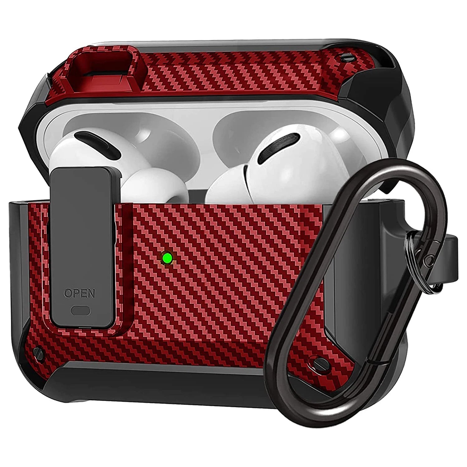 Red carbon fibre-style case with secure latch and carabiner for Apple AirPods Pro.