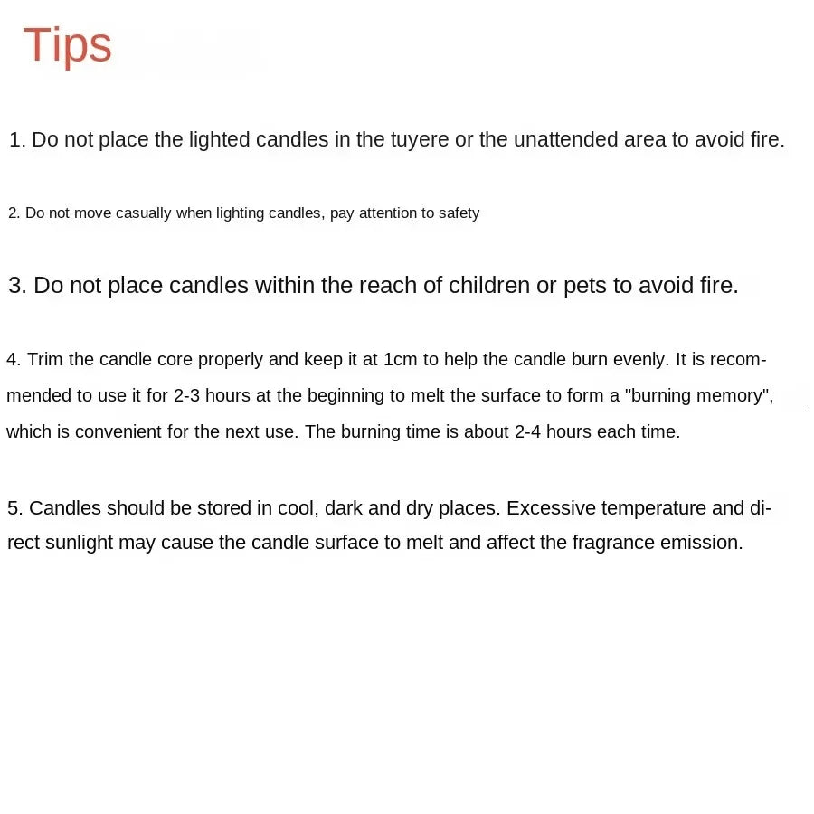 Information card providing five essential safety tips for candle care, usage, and proper storage.