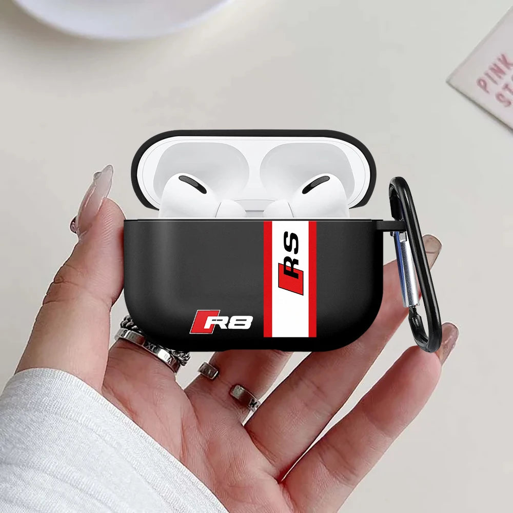 Black silicone AirPods Pro case featuring an Audi R8 RS racing design with a black carabiner clip.