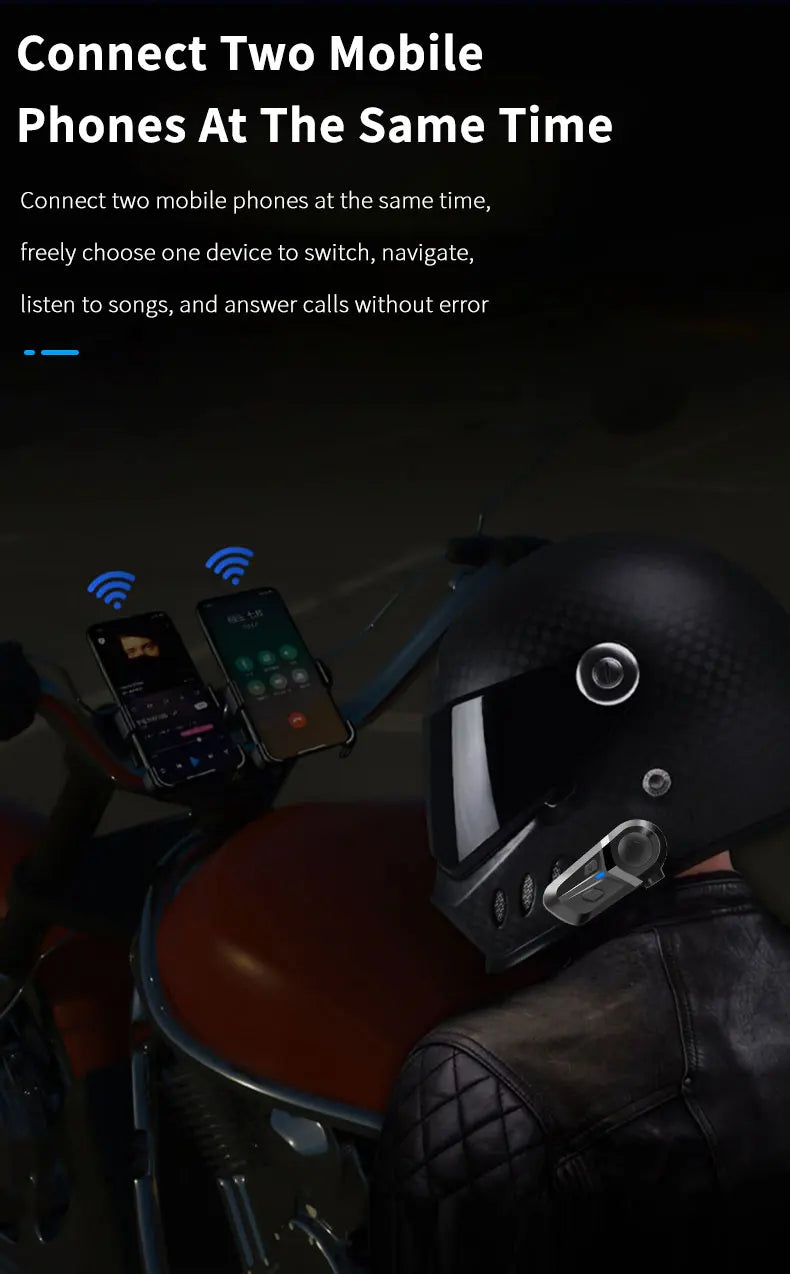 Sleek black motorcycle helmet with wireless Bluetooth headset, showing dual mobile phone connectivity for calls and audio.
