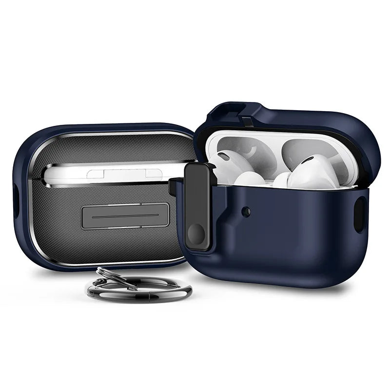 Navy blue, rugged protective case with carabiner for Apple AirPods Pro, featuring a textured carbon-style finish.