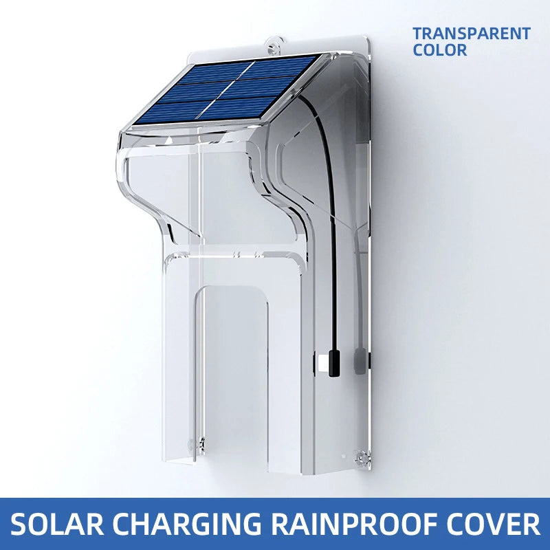 Transparent, rainproof cover for a video doorbell, featuring an integrated solar panel for wireless charging.