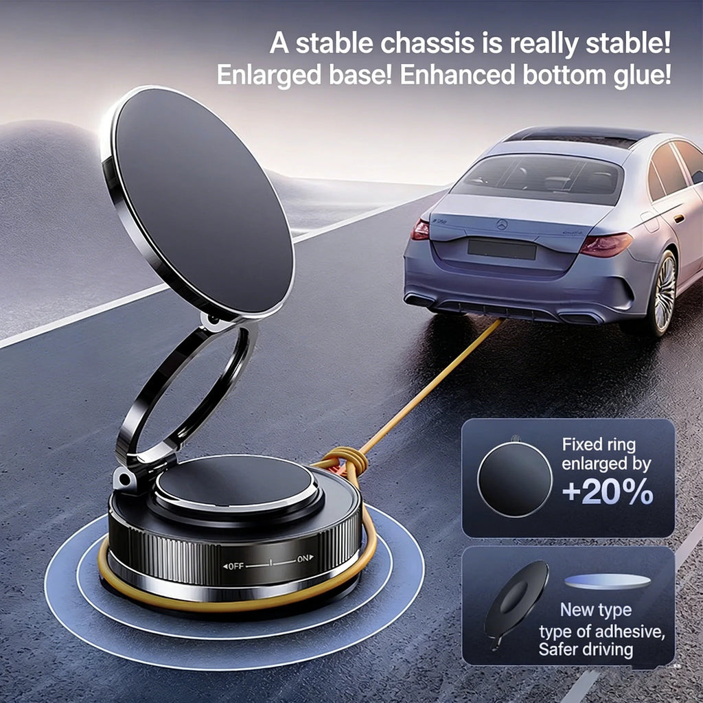 A round, black, adjustable magnetic car phone mount with a sturdy adhesive base, displayed on a road-themed background.