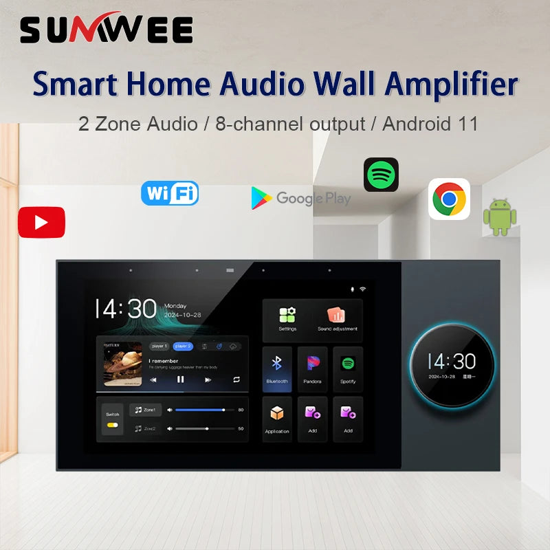 7-inch black in-wall smart audio amplifier with touchscreen interface, digital clock, and music control icons.