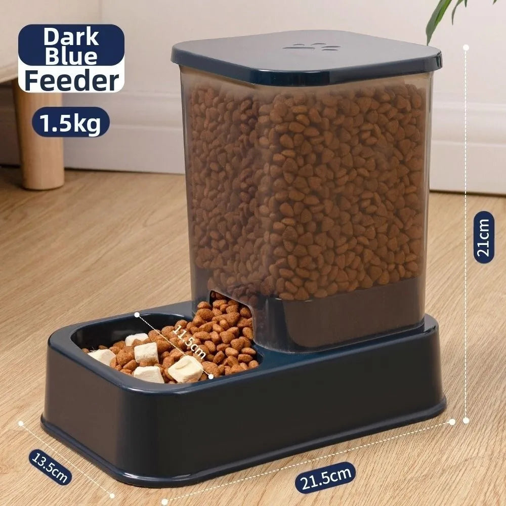 Dark blue automatic pet feeder with a clear 1.5kg capacity storage container and a dispensing bowl.