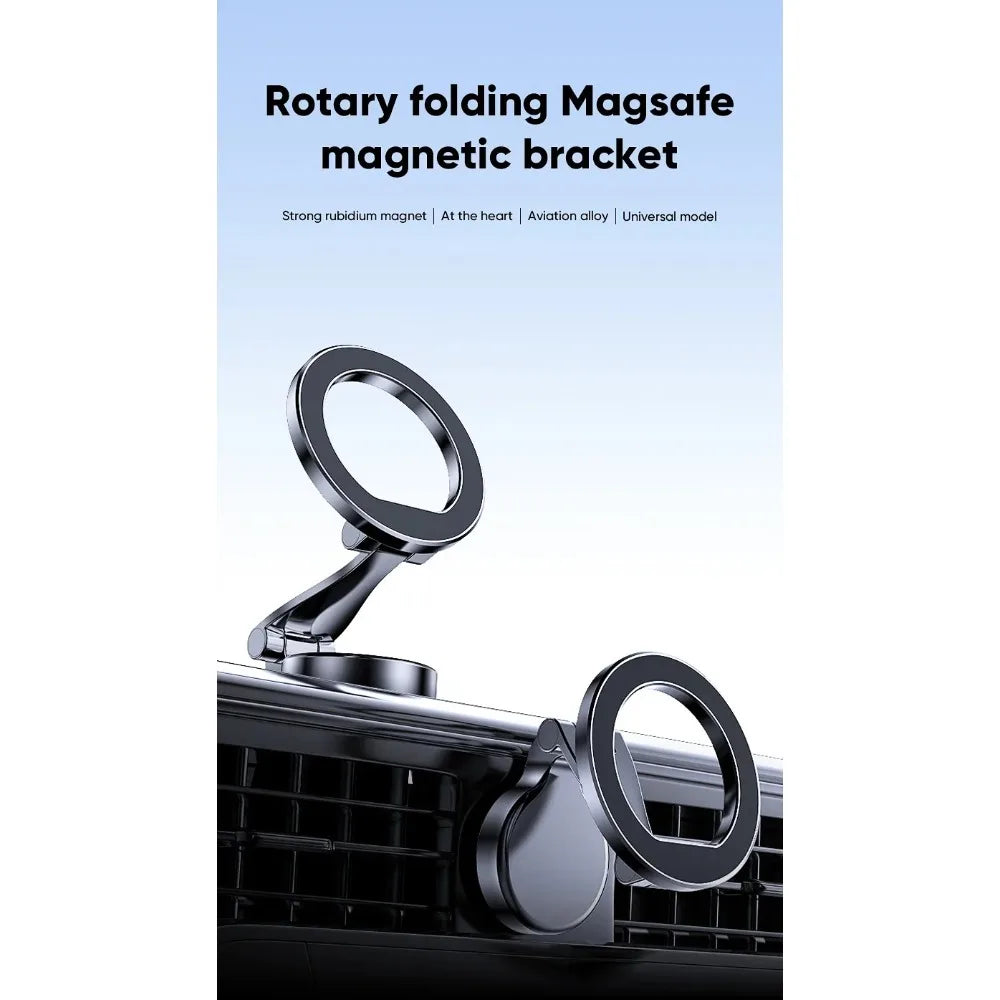 Metallic black rotary magnetic car phone mount for vents with a folding design and strong magnet.