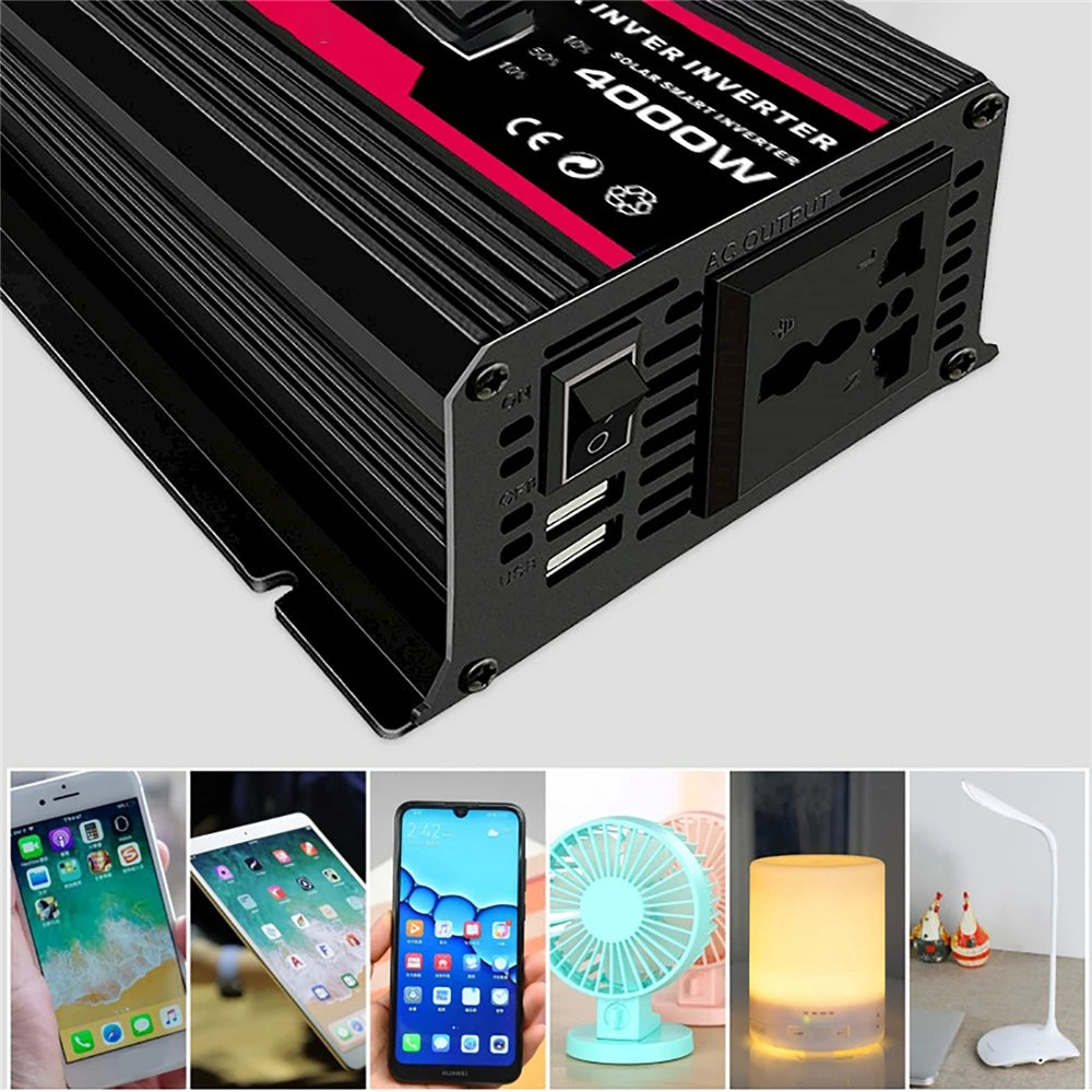 Black 4000W car power inverter with red trim, AC outlet, dual USB ports, power switch, and appliance examples below.