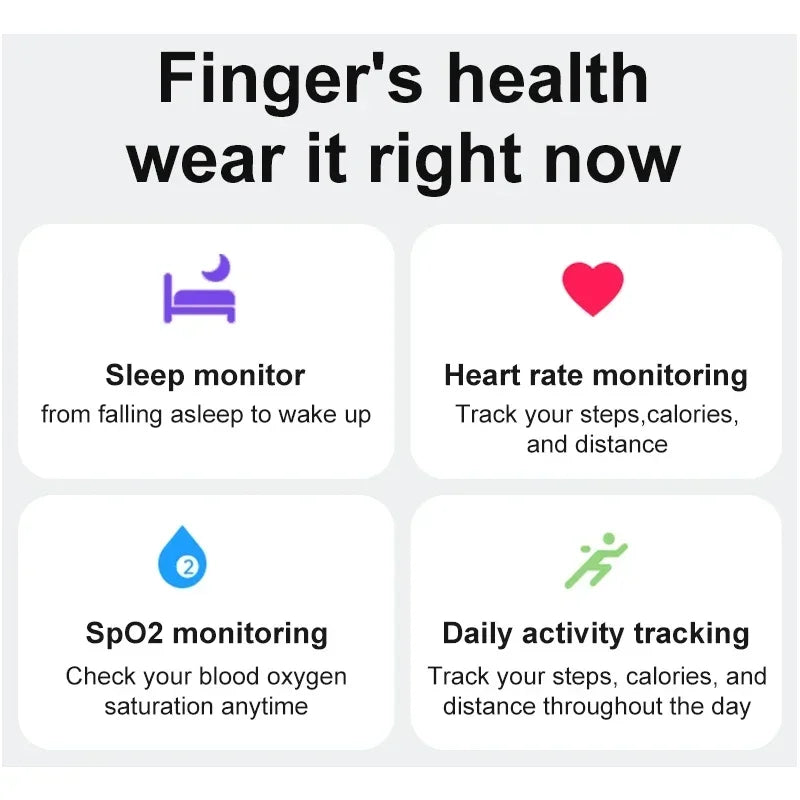 Smart fitness ring features: sleep tracking, heart rate monitoring, SpO2 levels, and daily activity logs.