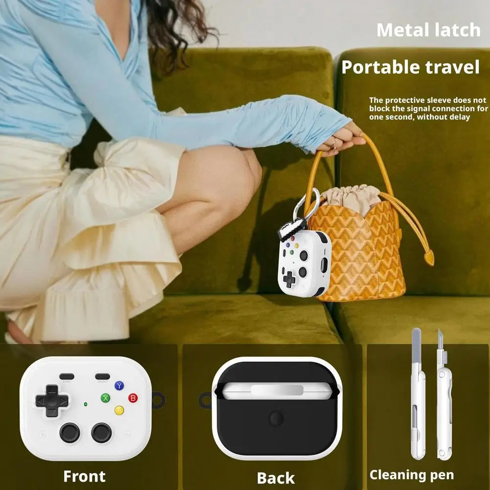 White retro controller-style silicone case for AirPods with metal latch and cleaning tool included.