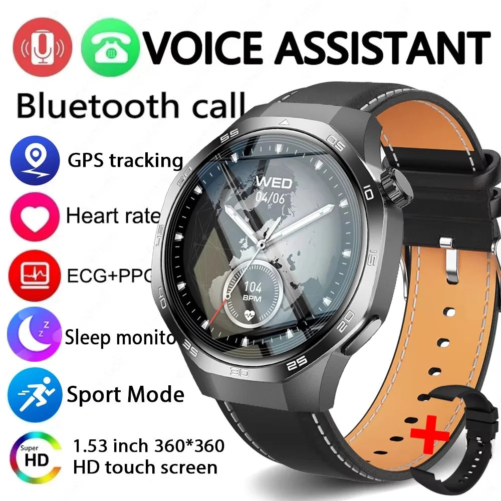 Smartwatch with a black metallic circular case and dual-tone black and tan strap, featuring an HD map-display watch face.