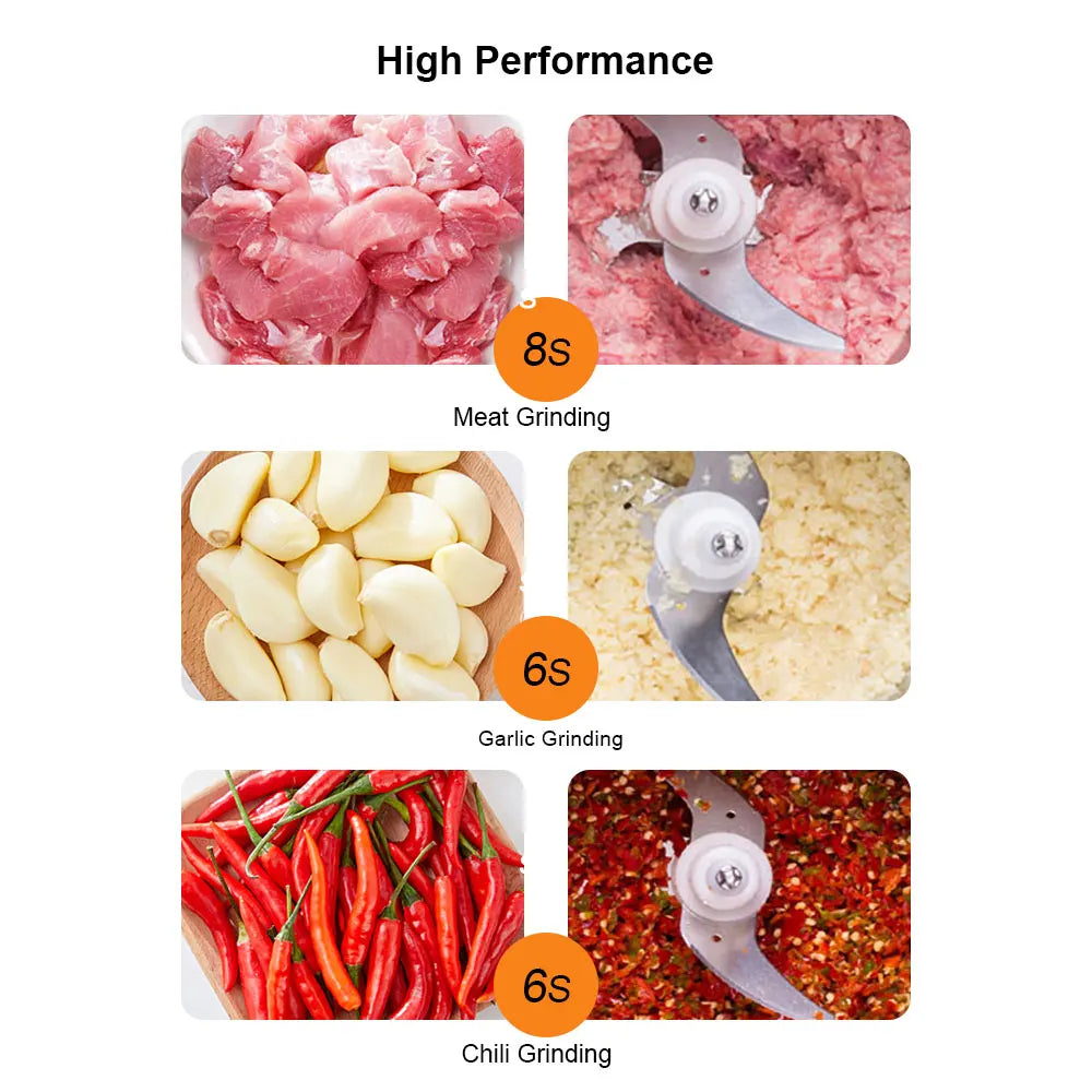 Collage showing a food processor grinding raw meat, garlic, and chilies with 6 to 8-second processing times.