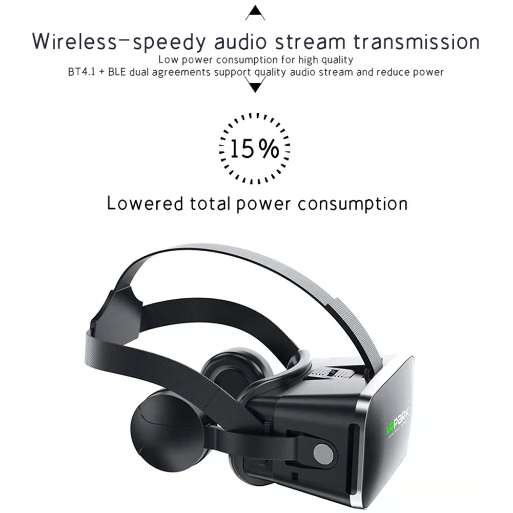 Black 3D VR headset for smartphones, featuring an adjustable head strap and integrated headphones.