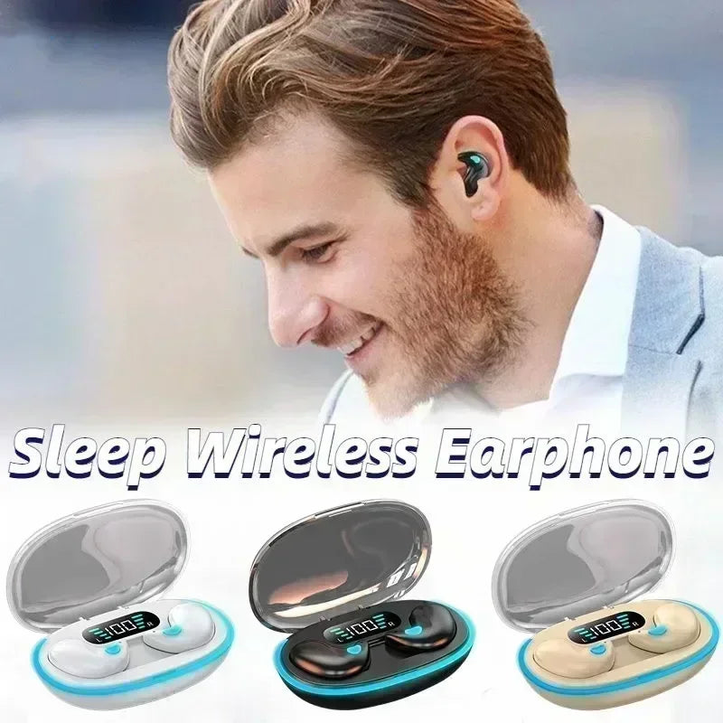 Wireless sleep earphones in three color options with charging cases featuring digital battery displays.