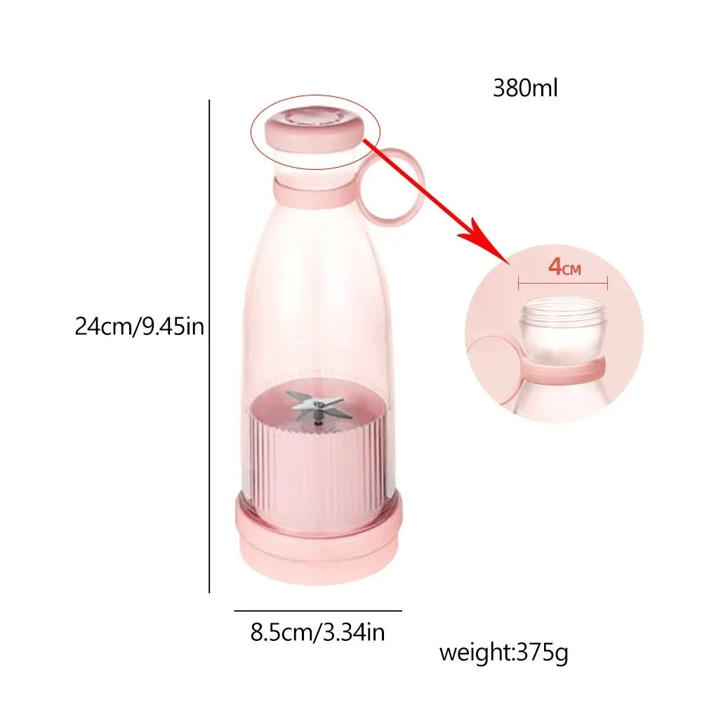 Portable pink 380ml blender bottle with a carry loop and visible blade, featuring dimension labels.