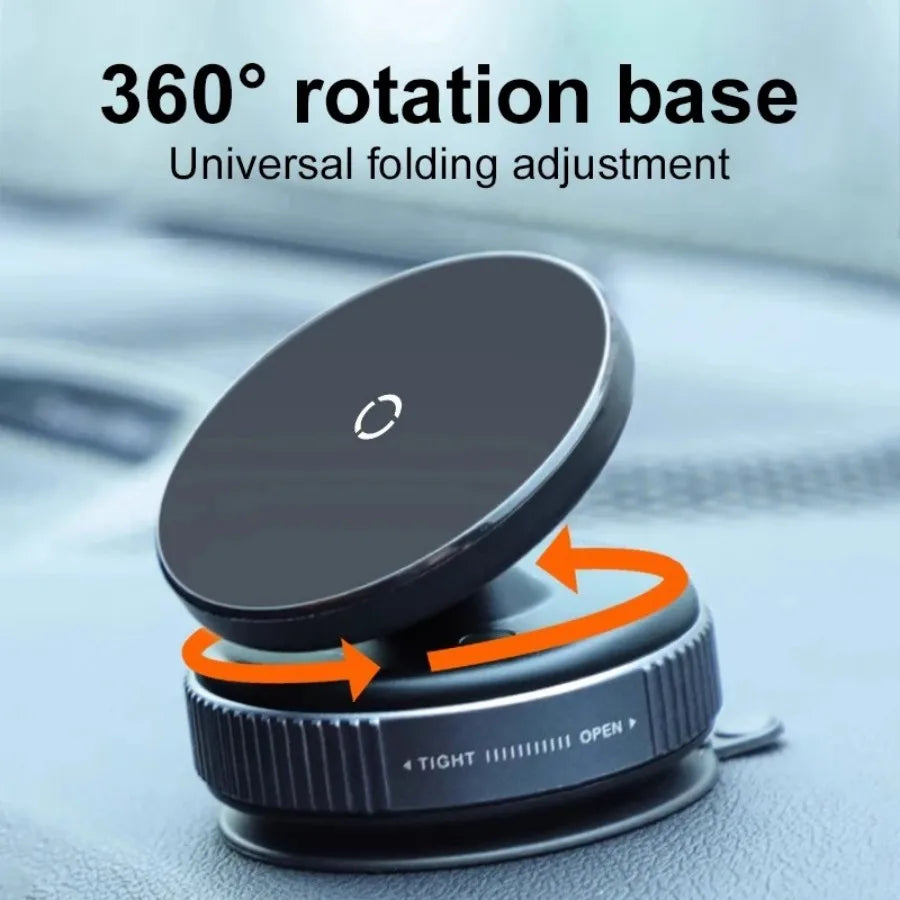 Black, circular magnetic car phone mount with a rotating base for adjustable positioning on a dashboard.