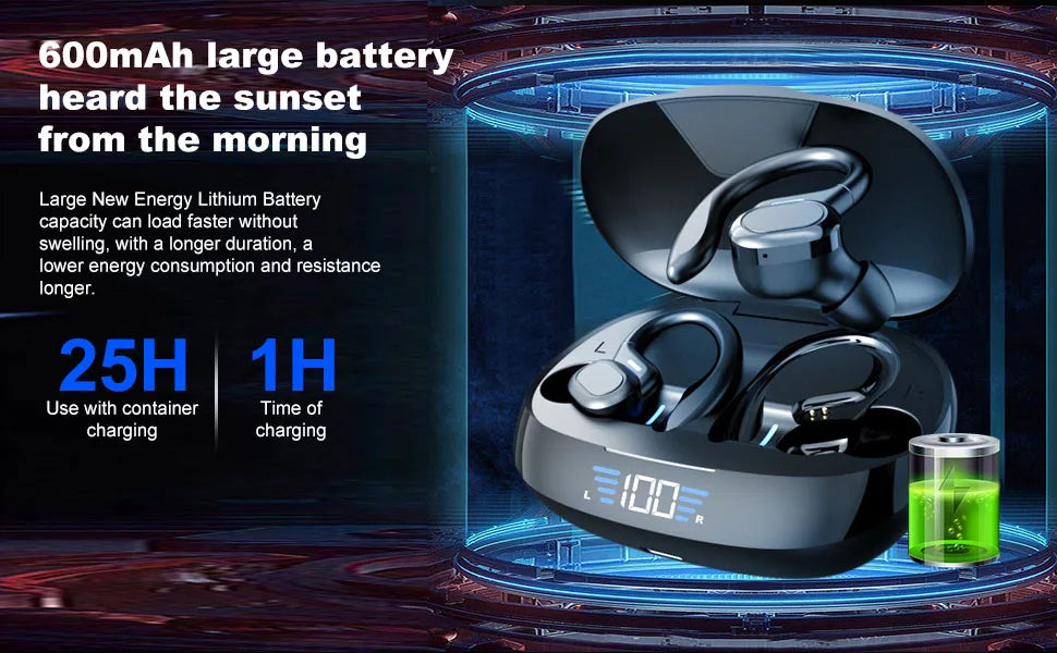 Black wireless earbuds with ear hooks in a charging case with a digital battery percentage display.