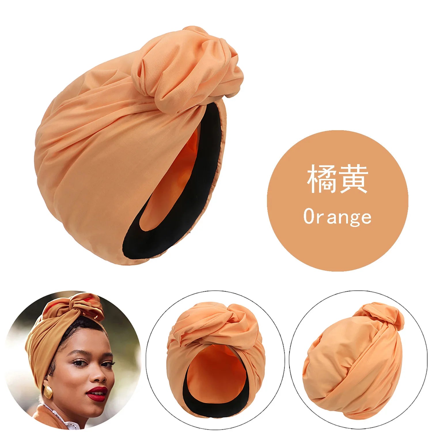 French vintage style orange turban hat with a knotted front detail, shown on a model and from multiple angles.