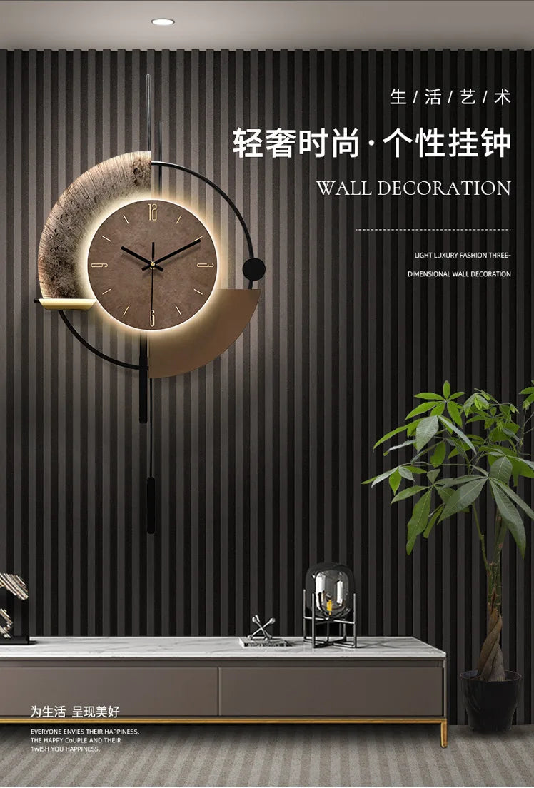 Modern minimalist wall clock featuring a brown circular face, warm backlighting, and abstract geometric metal accents.