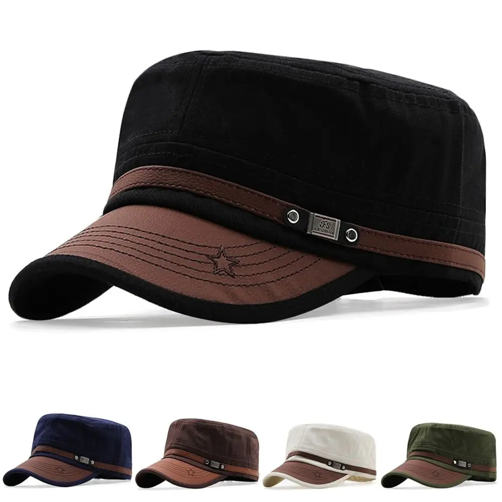 Unisex cadet cap with flat top, curved peak, and decorative strap detail. Available in black, navy, brown, cream, olive.