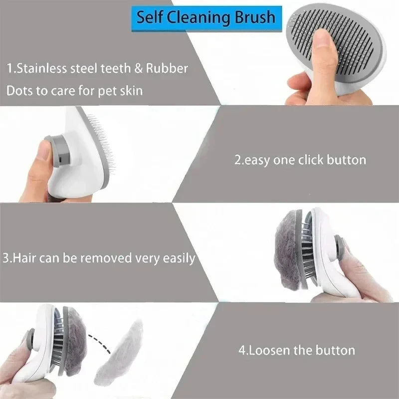 White and grey self-cleaning pet brush with stainless steel teeth and an easy-clean button to remove shed hair.