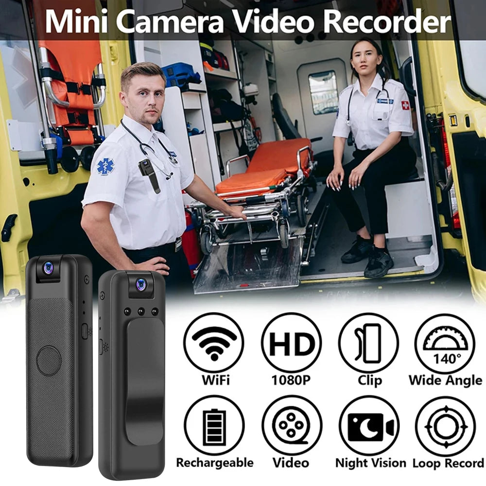 Black plastic mini portable video recorder with a clip, HD 1080p resolution, Wi-Fi, and night vision capabilities.