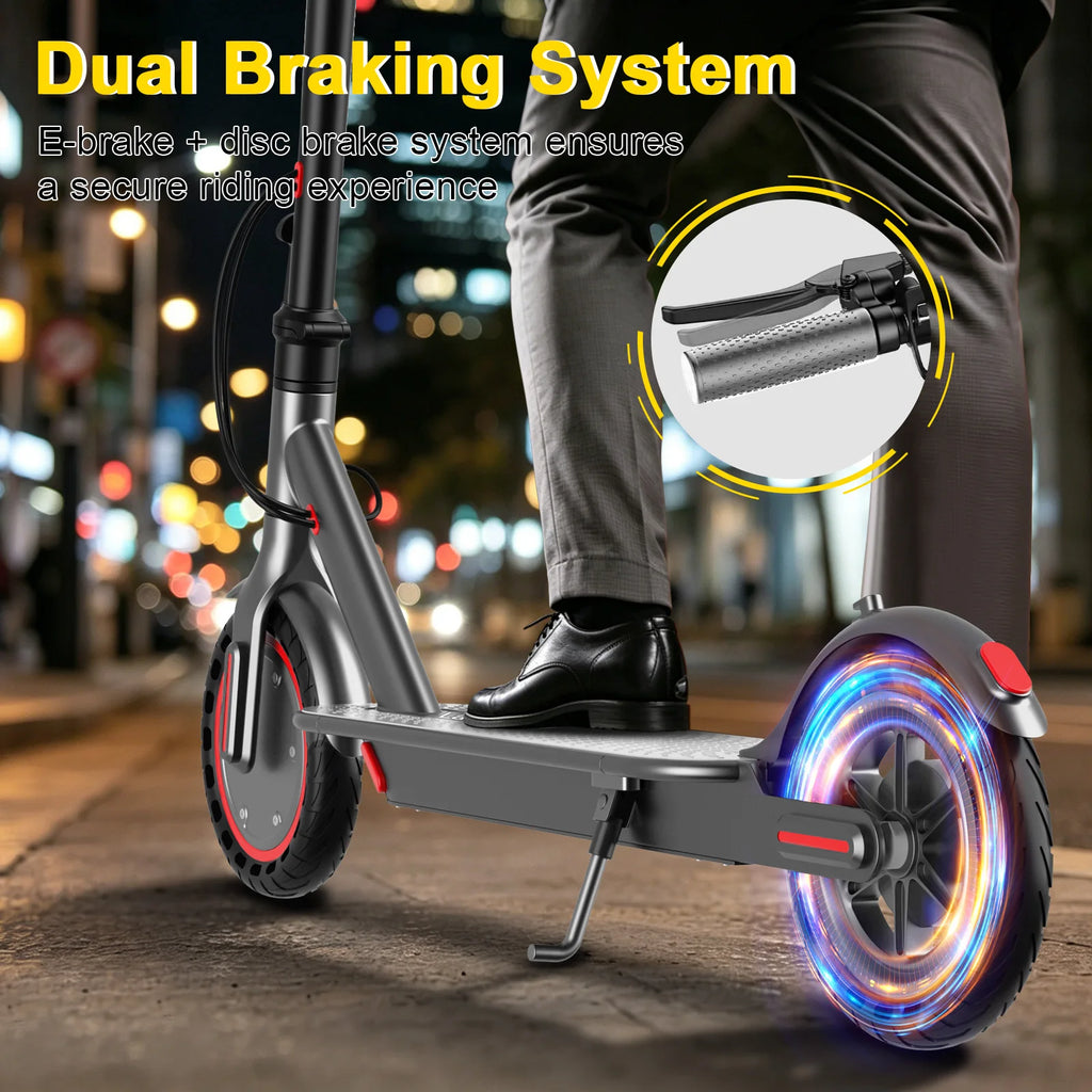 Grey AOVOPRO adult electric scooter with glowing rear tire and inset of dual brake lever.
