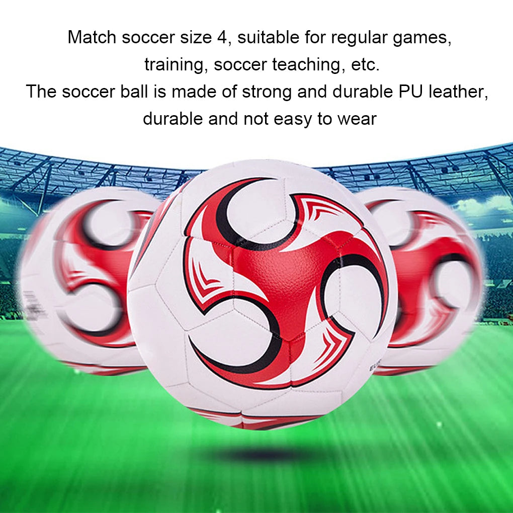 Durable size 4 white football with a dynamic red and black graphic design, suitable for matches and training.