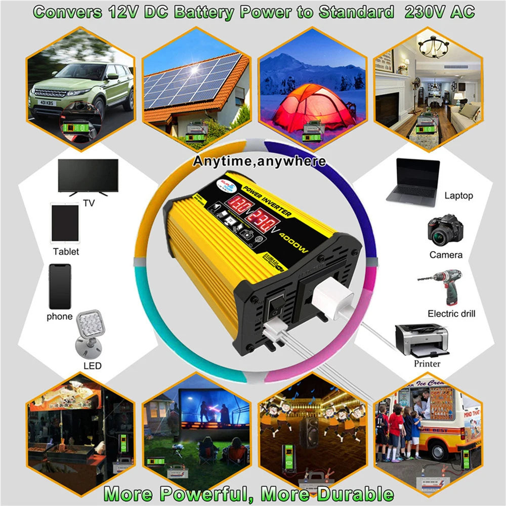Yellow and black 4000W portable power inverter with LED voltage display and universal AC and USB output ports.