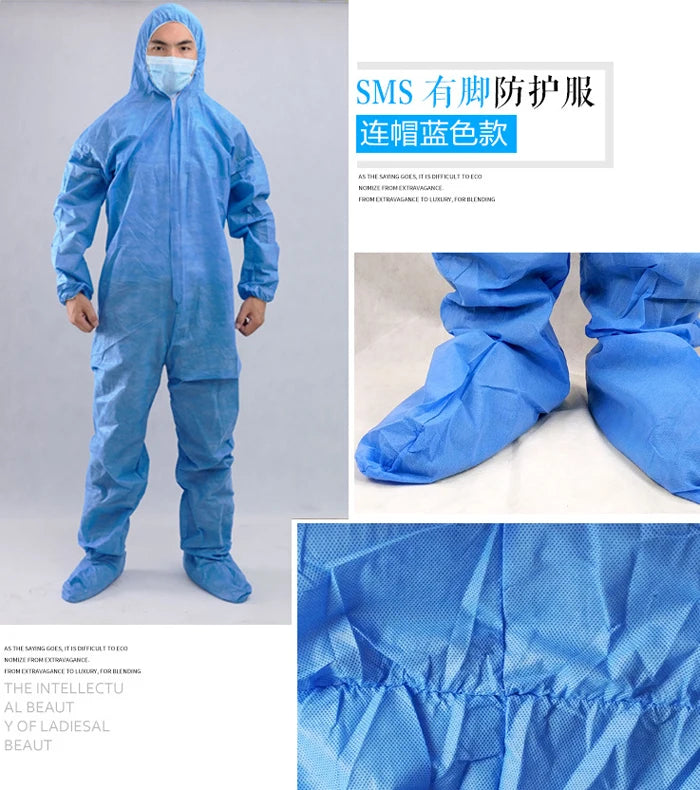 Blue SMS protective coverall with hood and integrated shoe covers, featuring elastic cuffs and durable material.