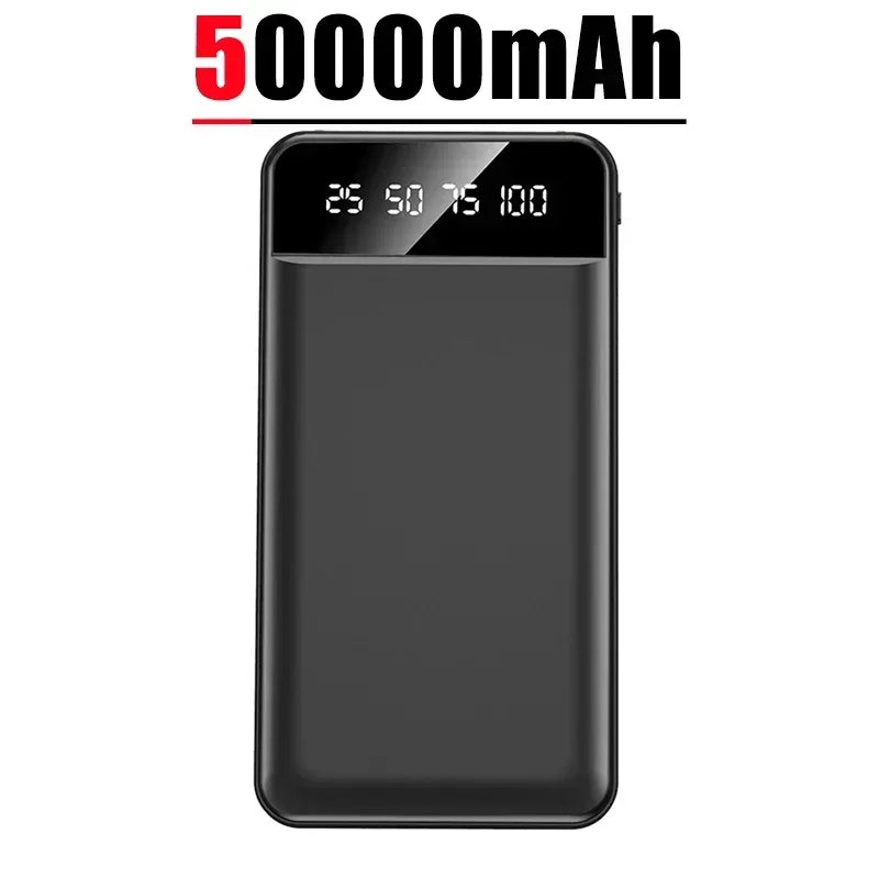 Black 50000mAh portable power bank with a sleek design and clear LED digital battery percentage display.