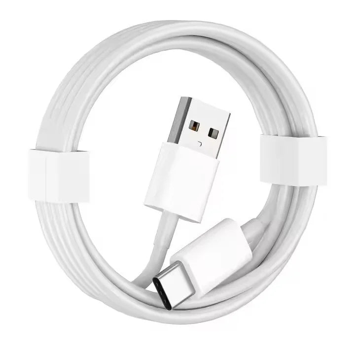 Coiled white USB-A to USB-C charging cable with a smooth, minimalist design.